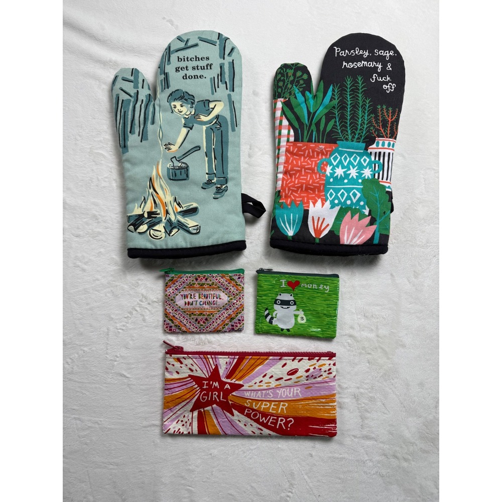 Blue Q Oven Mitts and Zipper Pouch Bundle Funny Graphic Kitchen Accessories